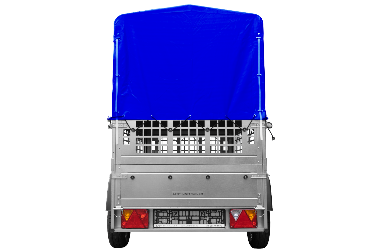 1-nápravový sklápací prívesný vozík s modrou plachtou a rámom
